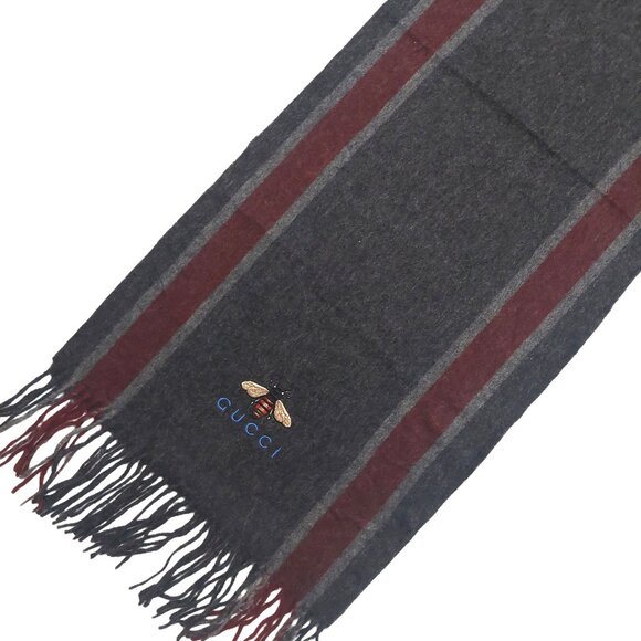 Gucci Vintage Gray & Burgundy Stripe Scarf w Embroidered Bee Logo - Picture 4 of 11